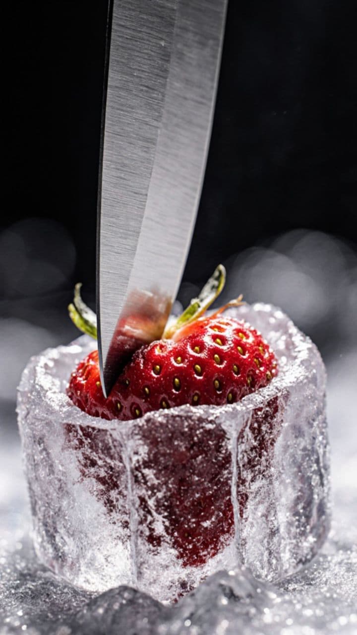 Gefrorene Erdbeere im Makro-Schnitt