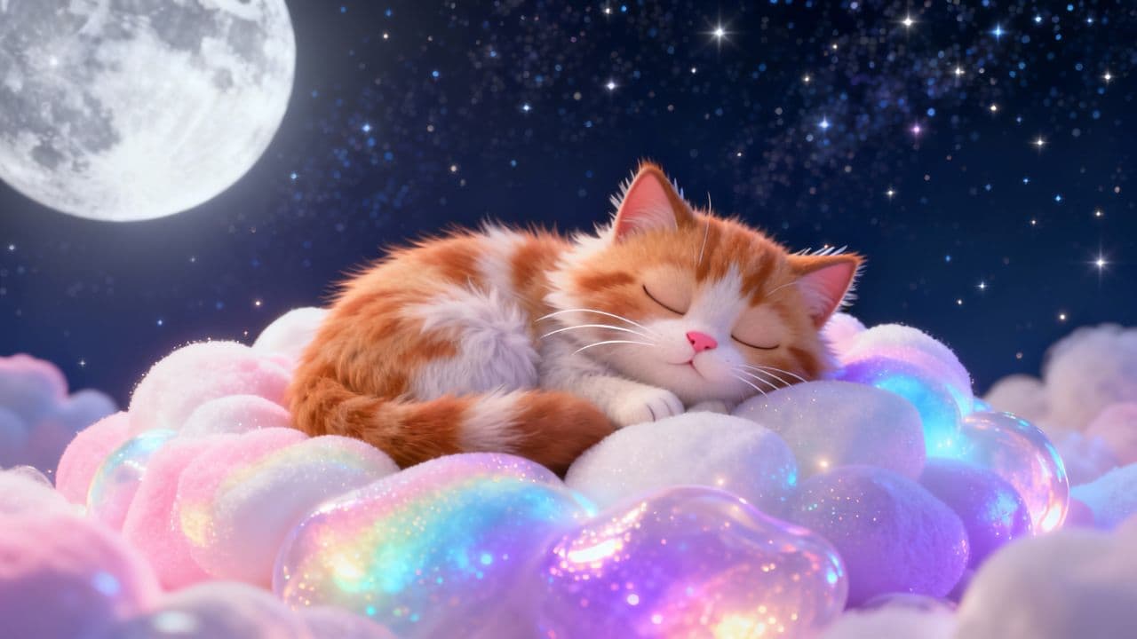 Śpiący Kotek na Tęczowych Chmurach