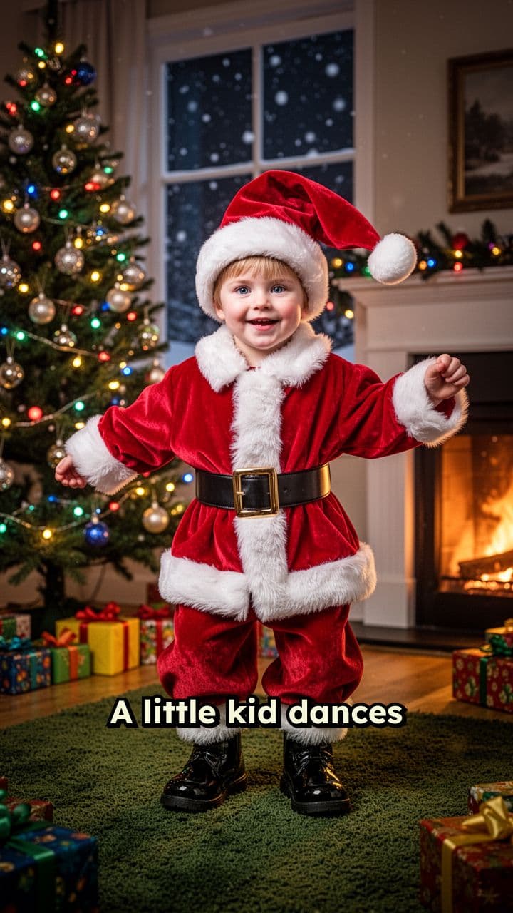 Kid in Santa Costume Dances on Steps