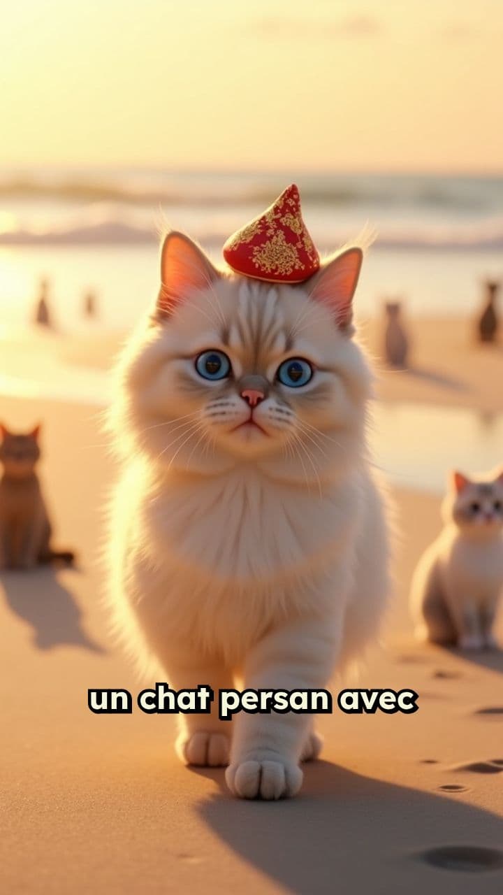 Un chat persan en chapeau sur la plage
