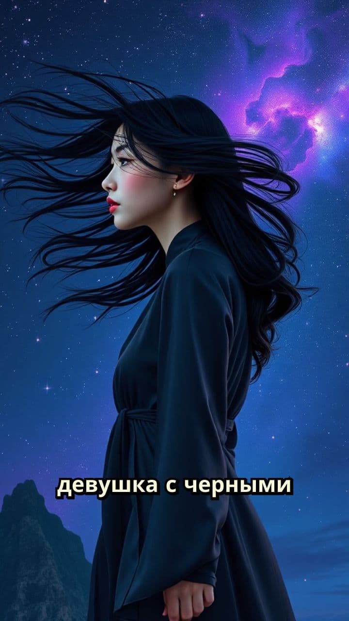 Девушка с черными волосами под звездами