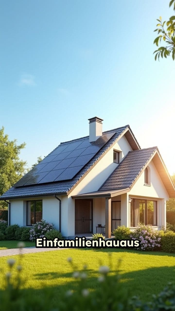 Einfamilienhaus mit PV-Modulen und Wärmepumpe