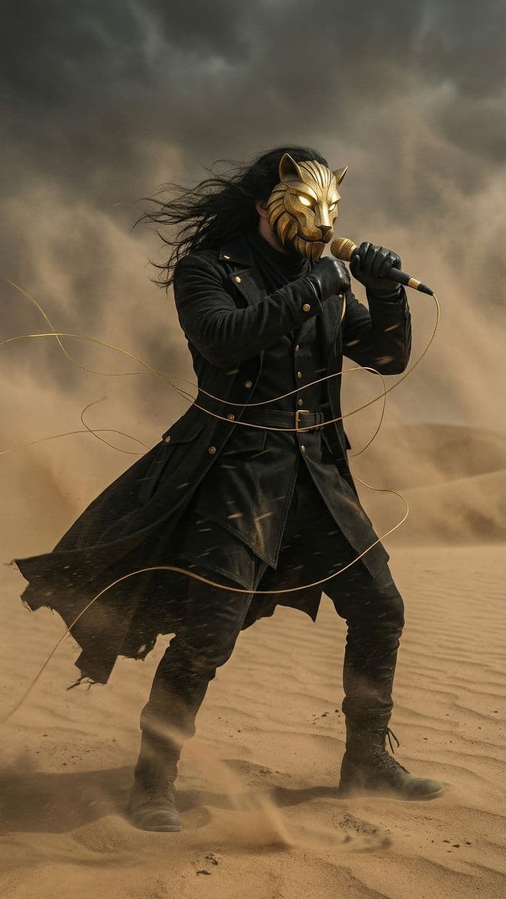 Lion-Masked Vocalist in Desert