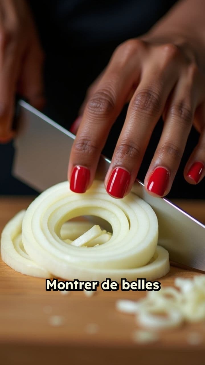 Découpe d'oignons sur planche en bois