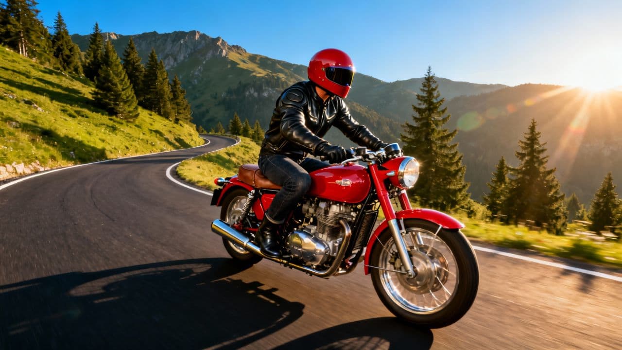 Red Helmet on a Vintage Motorcycle