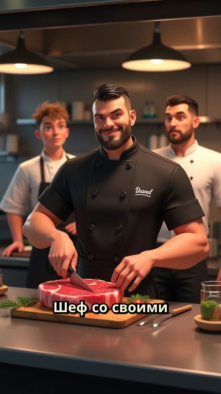 Шеф и подчиненные готовят стейк