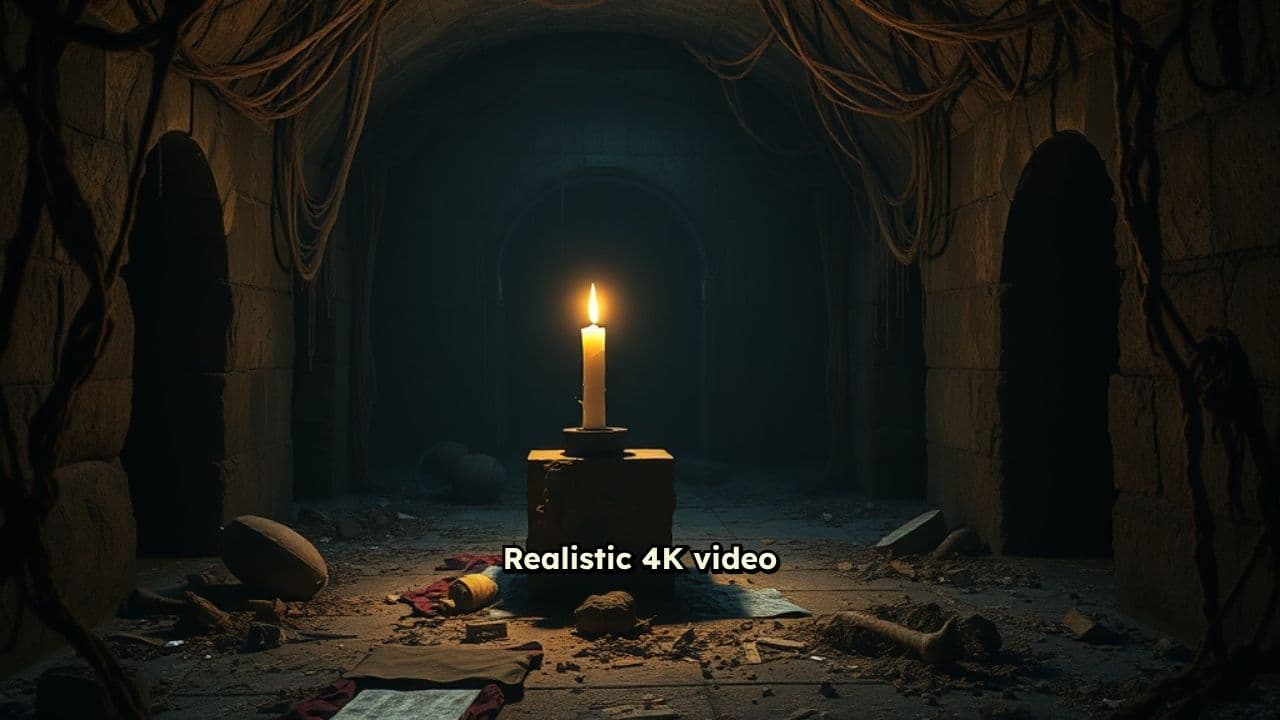 Abandoned Crypt with Flickering Candle