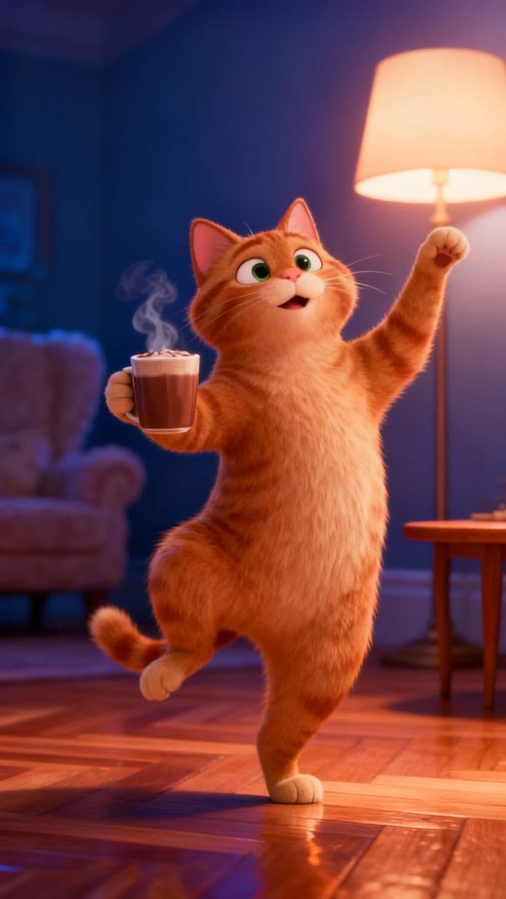 Dancing Cat with Hot Chocolate
