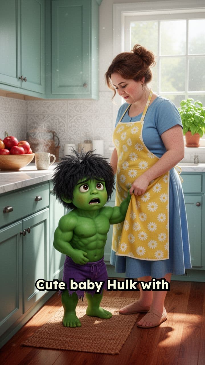 Scared Baby Hulk in Colorful Kitchen