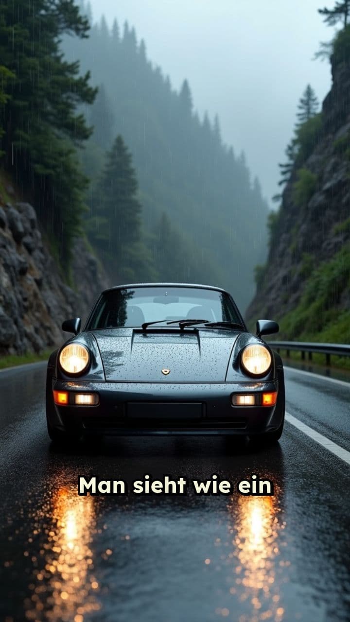 Porsche fährt bei Regen den Berg hinunter