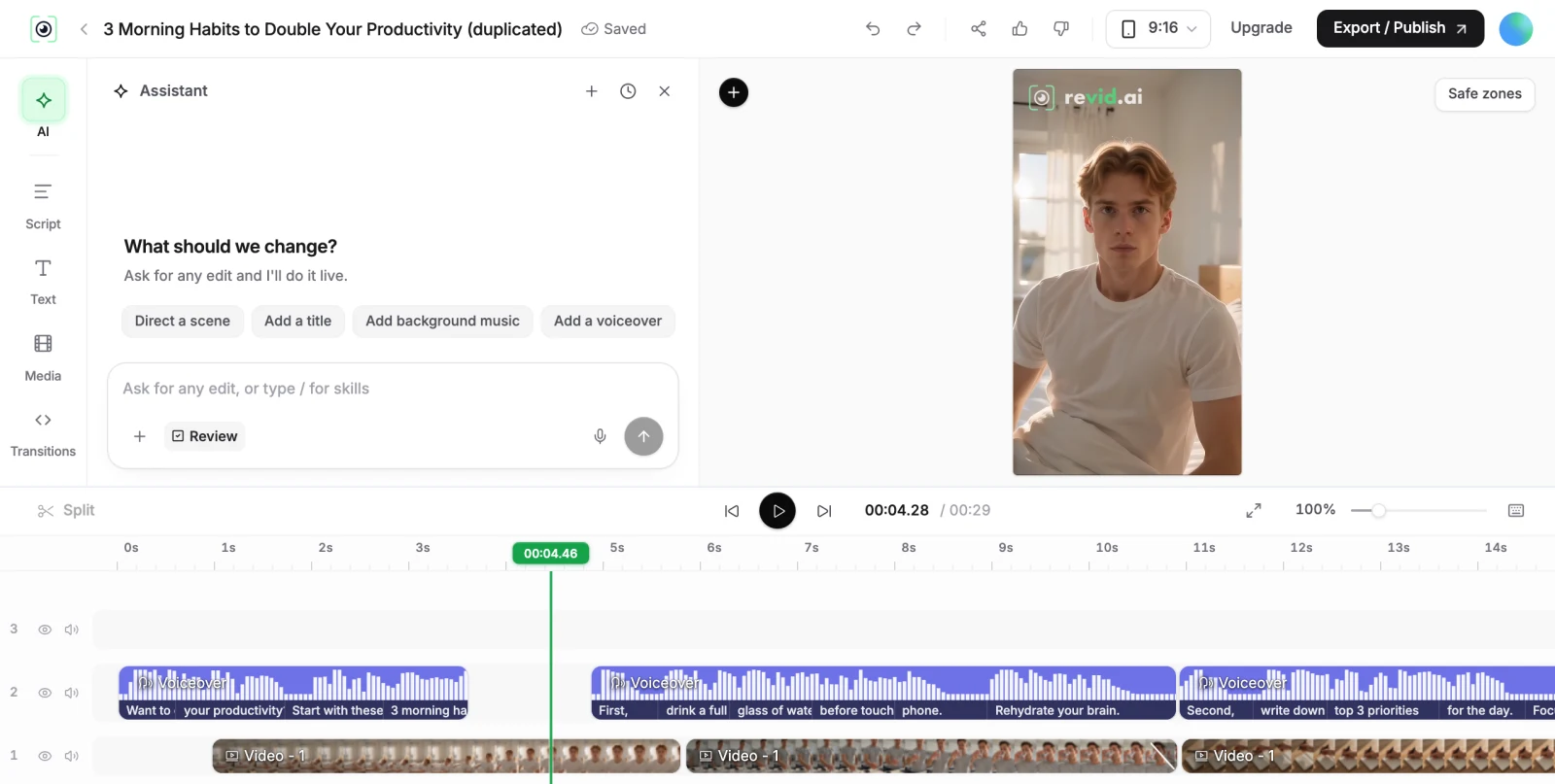 The Revid browser editor: timeline, captions, AI media, and voice-over in one place