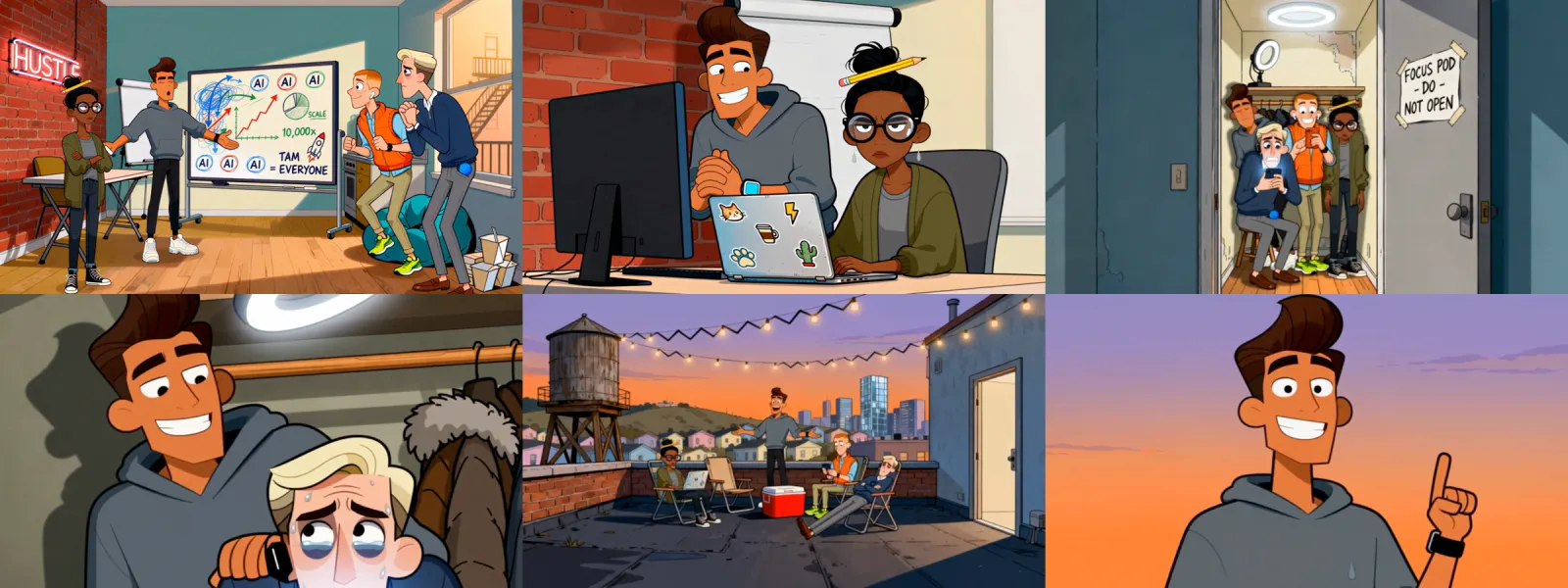 Six frames of The Next Unicorn episode 1 showing the same four characters in the office, a closet and on a rooftop