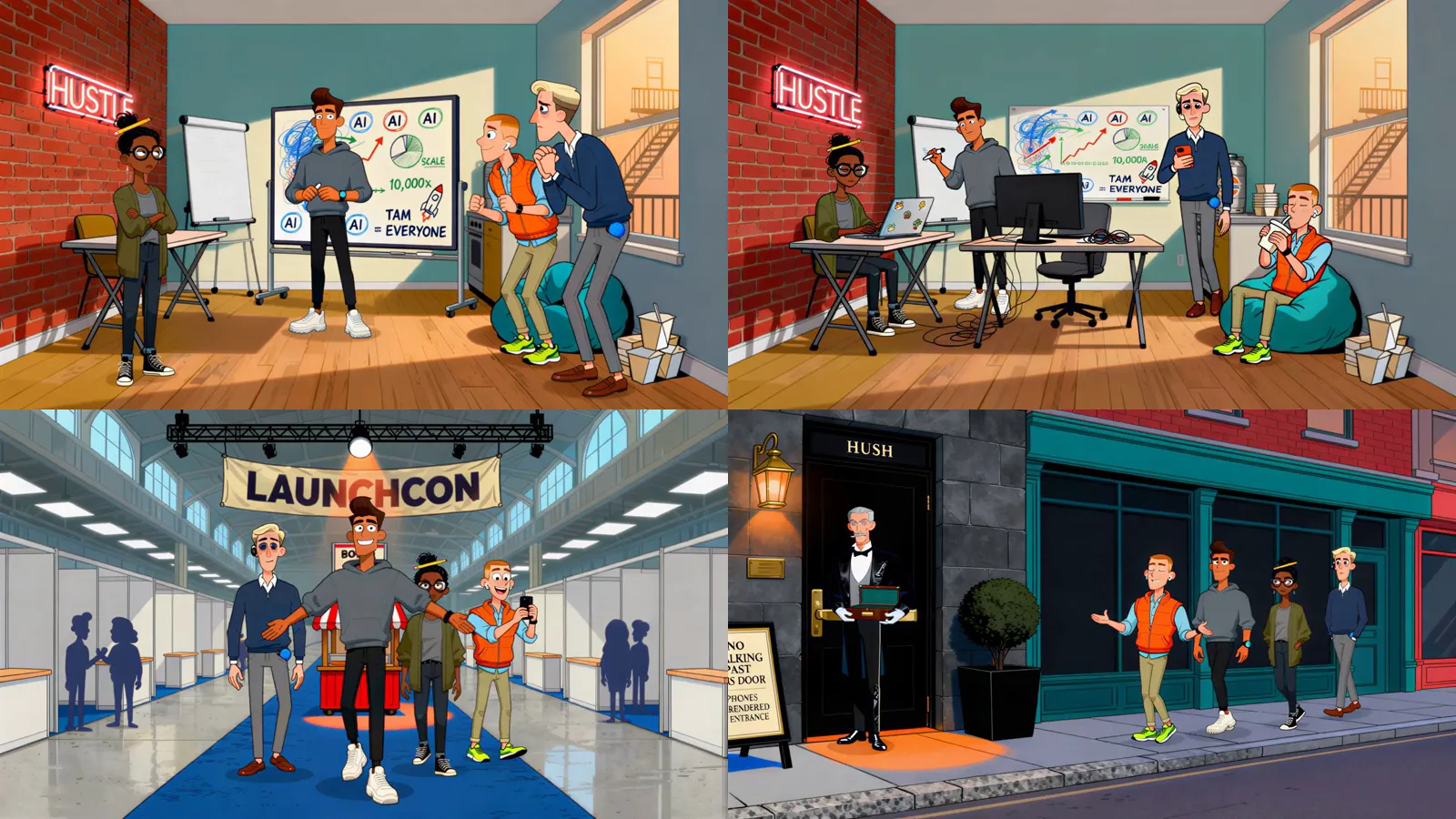 Thumbnails of four episodes of The Next Unicorn: two in the office, one at an expo hall, one outside a restaurant
