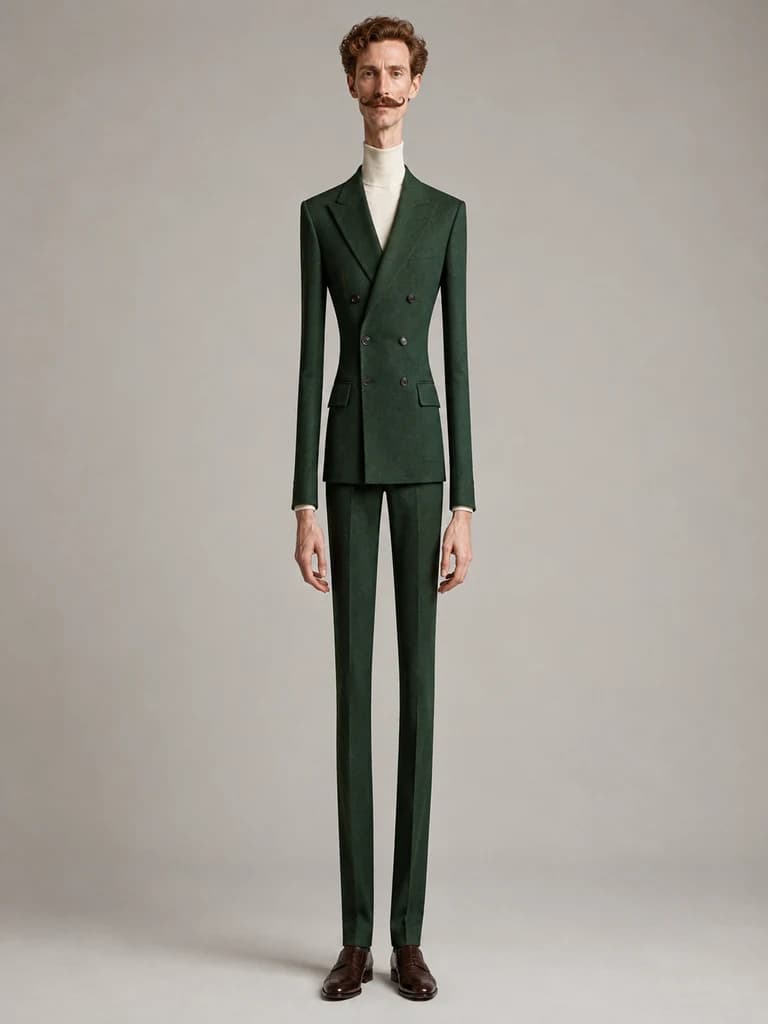 Personnage grand et mince en costume vert avec une moustache recourbée