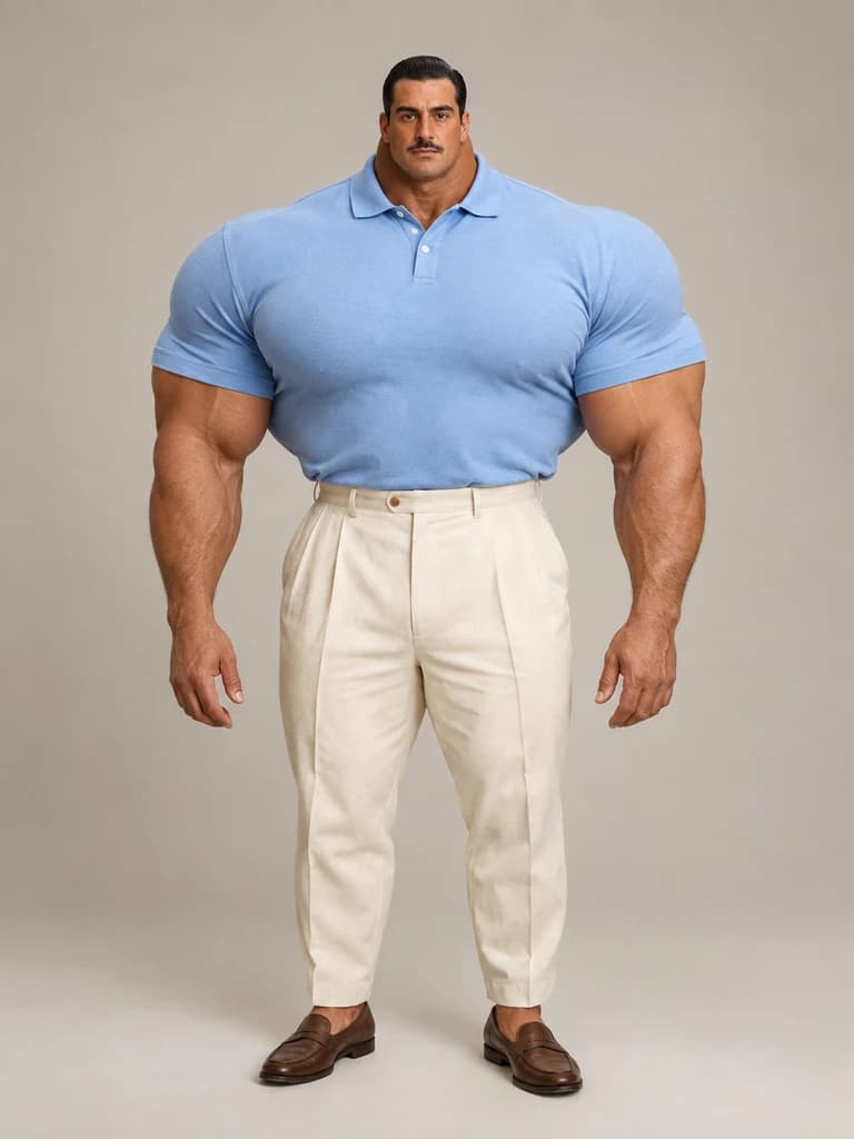 Personnage à la carrure imposante en polo bleu et pantalon crème