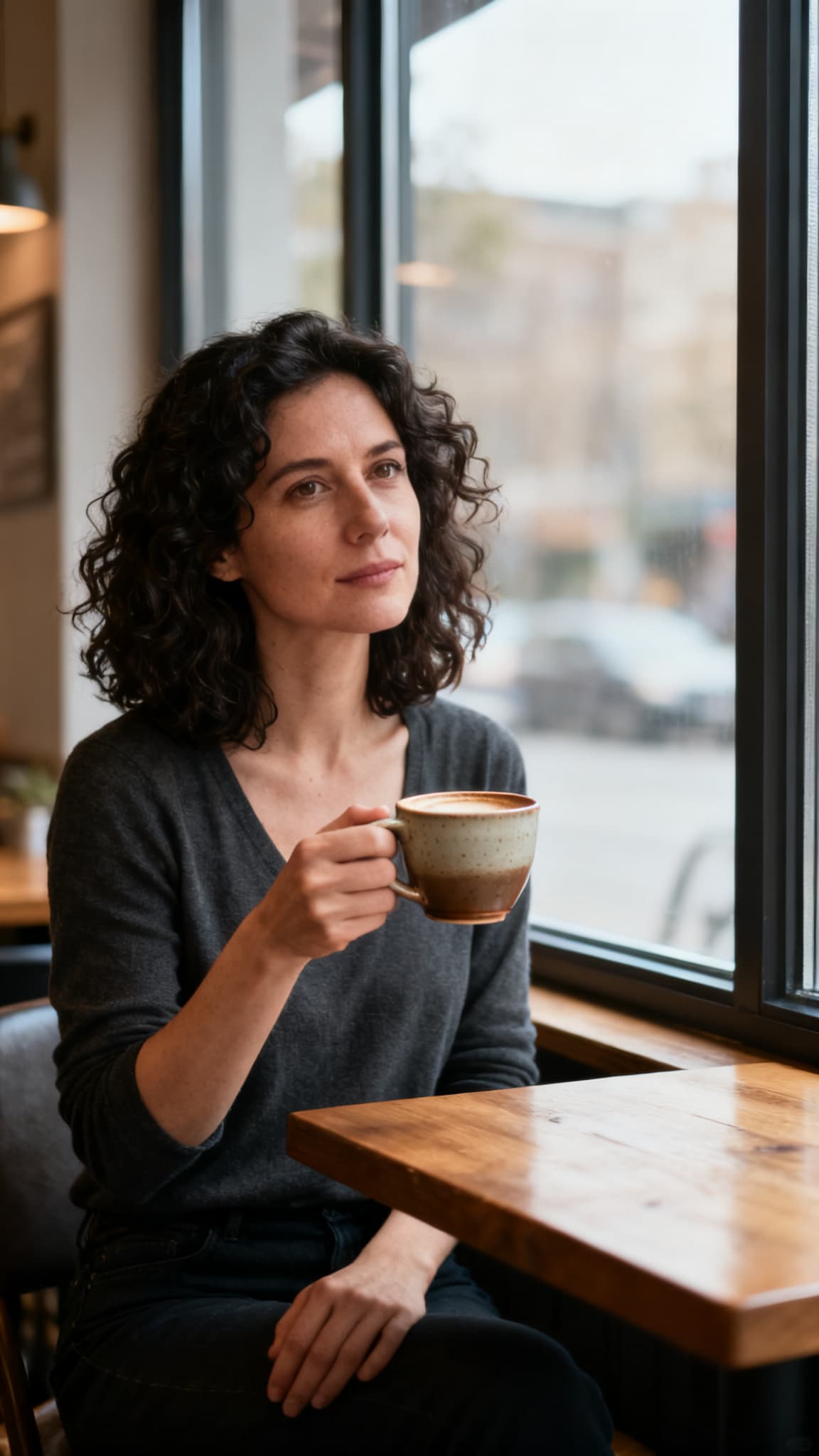 A woman with curly dark hair holding a coffee cup at a café window