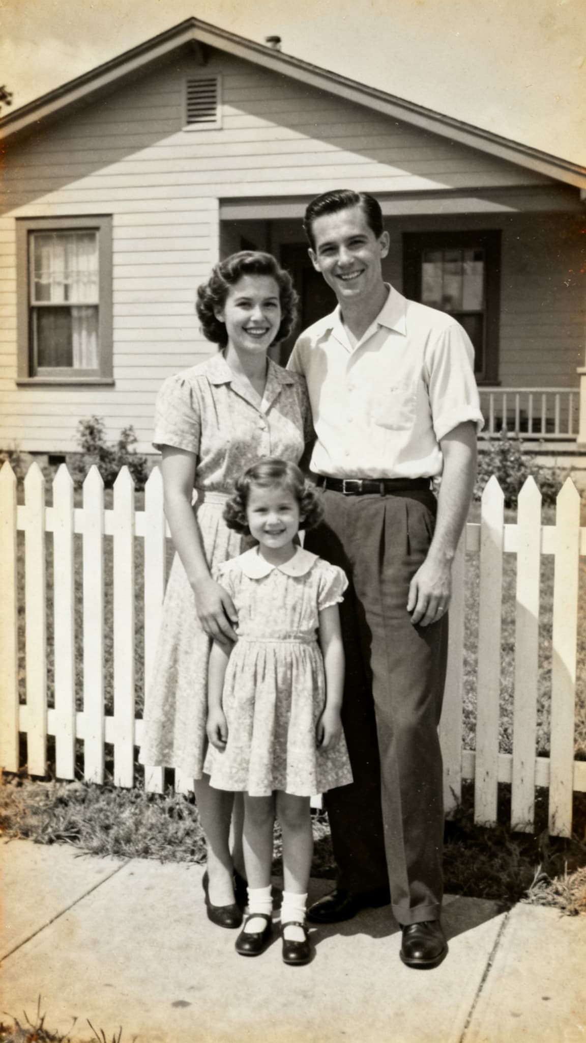 A faded 1950s family snapshot of a couple and their daughter in front of a house