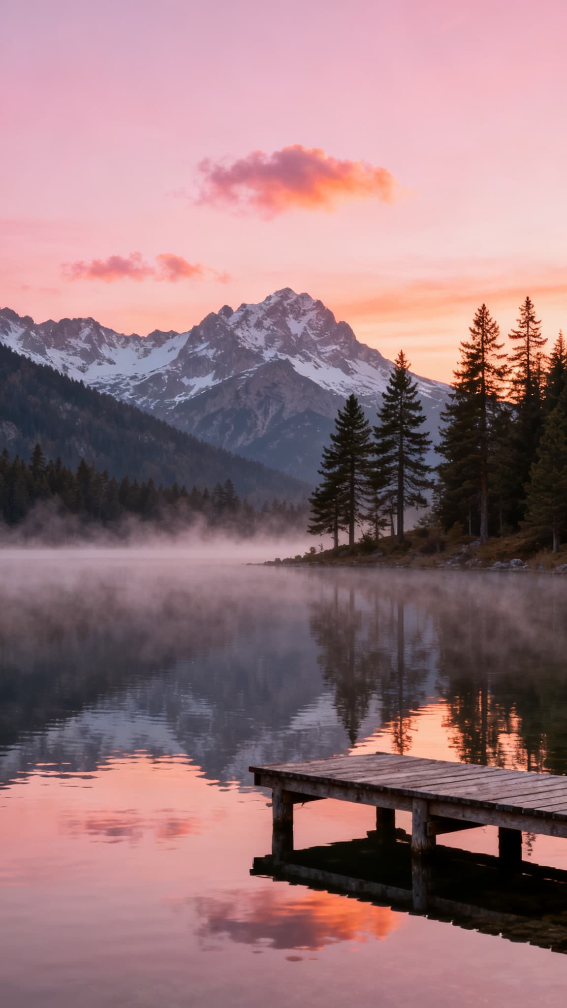 An alpine lake at sunrise with mist, a wooden dock and snowy mountains