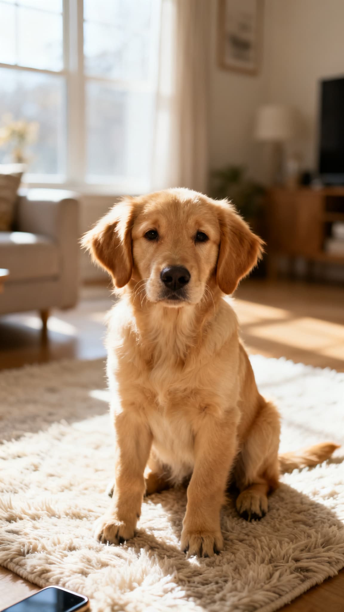A young golden retriever sitting on a rug in a sunny living room