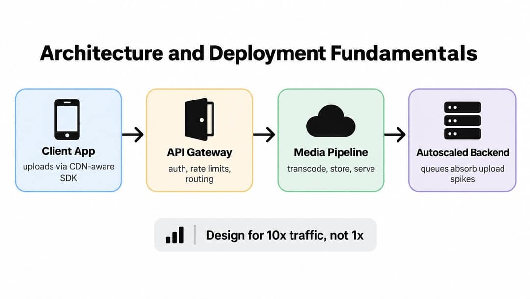A diagram illustrating system architecture fundamentals for scalable media applications, showing flow from client to backend.