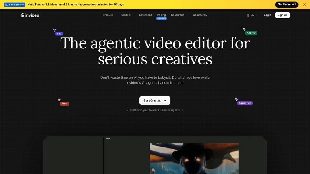 InVideo homepage describing an agentic video editor driven by AI agents