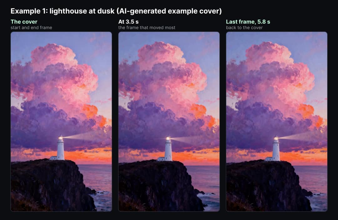 The lighthouse cover next to the frame that moved most, at 3.5 seconds, and the last frame at 5.8 seconds, which is back to the cover