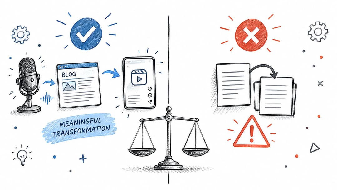 A hand-drawn illustration contrasting meaningful content repurposing with simple copying of documents, featuring a scale icon.