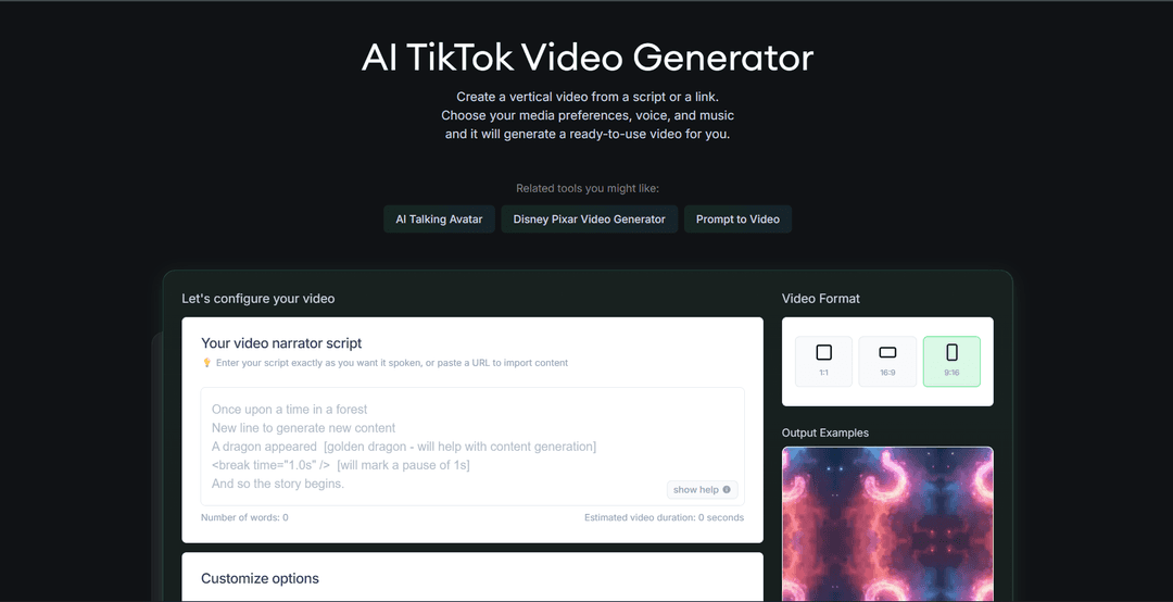 Revid's AI TikTok Video Generator page with a narrator script box and 1:1, 16:9 and 9:16 format options