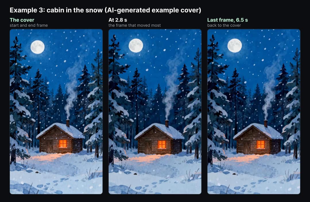 The snowy cabin cover next to the frame that moved most, at 2.8 seconds, and the last frame at 6.5 seconds, which is back to the cover