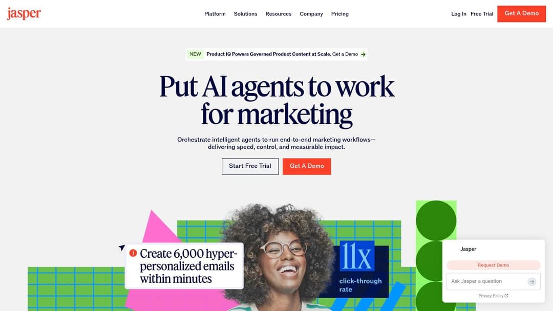 Jasper homepage pitching AI agents that run marketing workflows