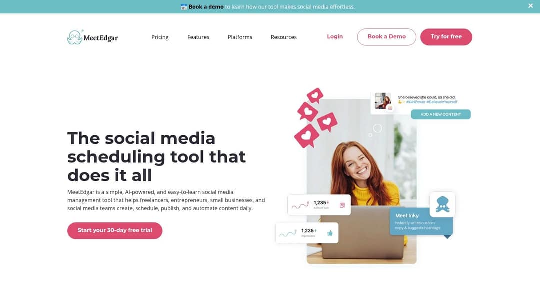 MeetEdgar homepage showing a social post card and the Inky AI assistant that writes copy and suggests hashtags