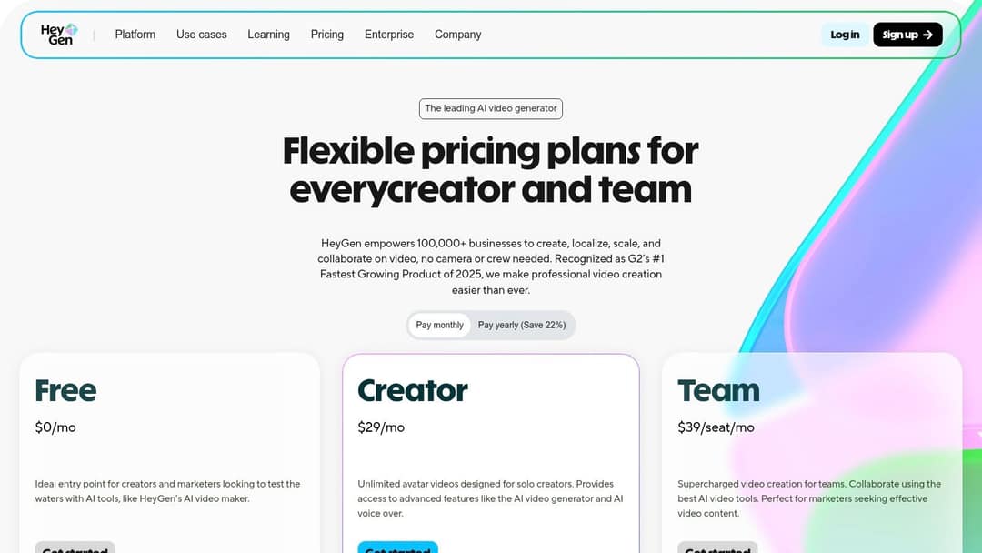 HeyGen pricing page showing Free, Creator at $29 per month and Team plans