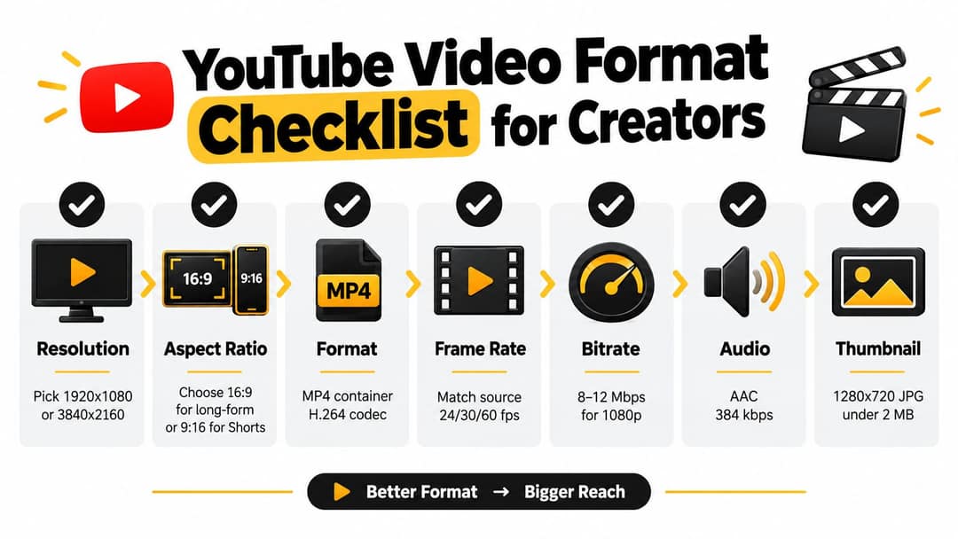 A checklist infographic illustrating recommended settings for YouTube video format, including resolution, aspect ratio, and bitrate.