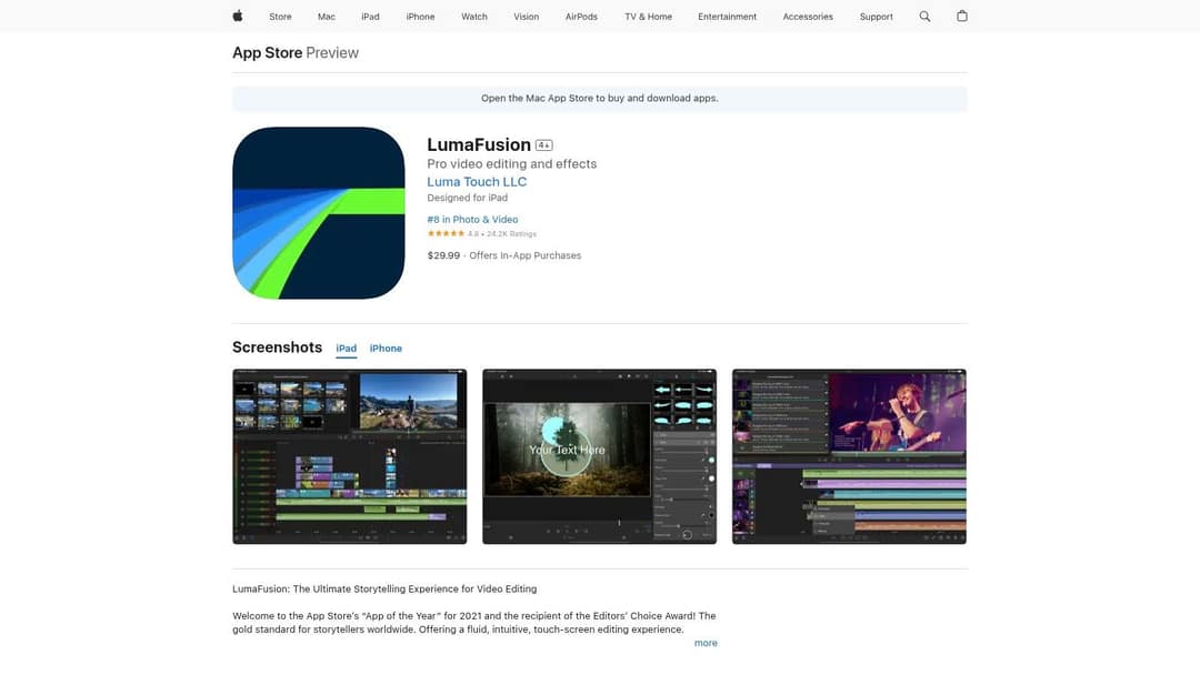 LumaFusion App Store page with iPad screenshots of its multi-track timeline