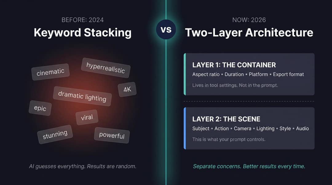 Keyword stacking vs two layers: container settings (aspect ratio, duration) and scene prompt (subject, action, camera)