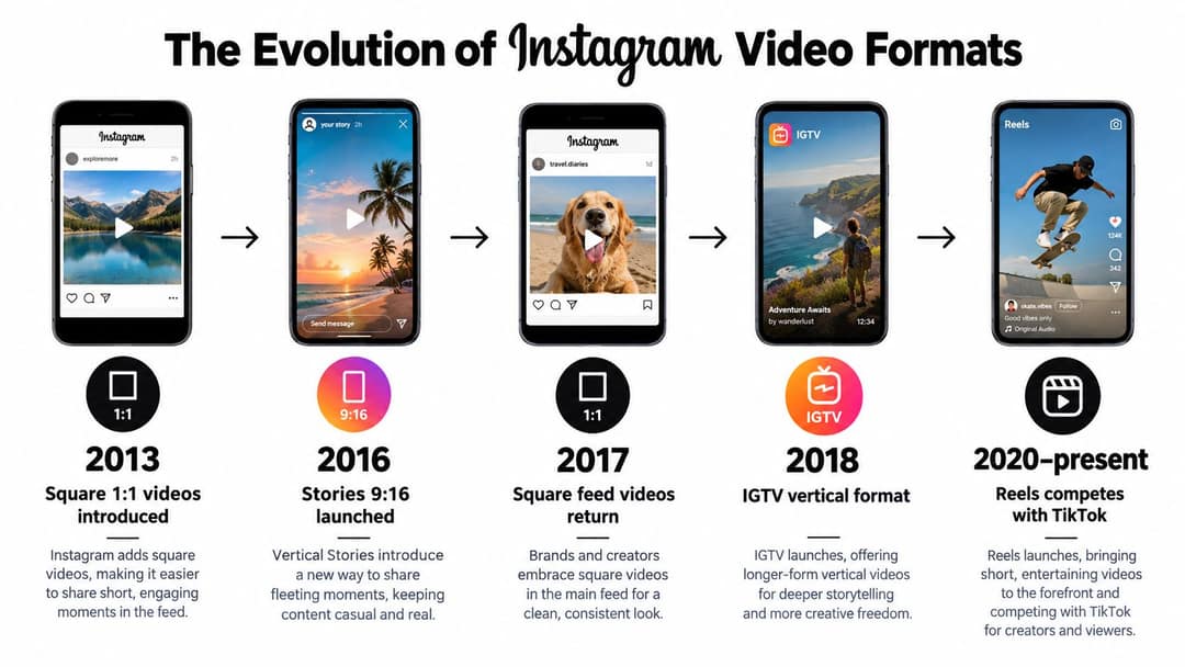 A timeline graphic showing the evolution of Instagram video formats from 2013 to 2020 and beyond.