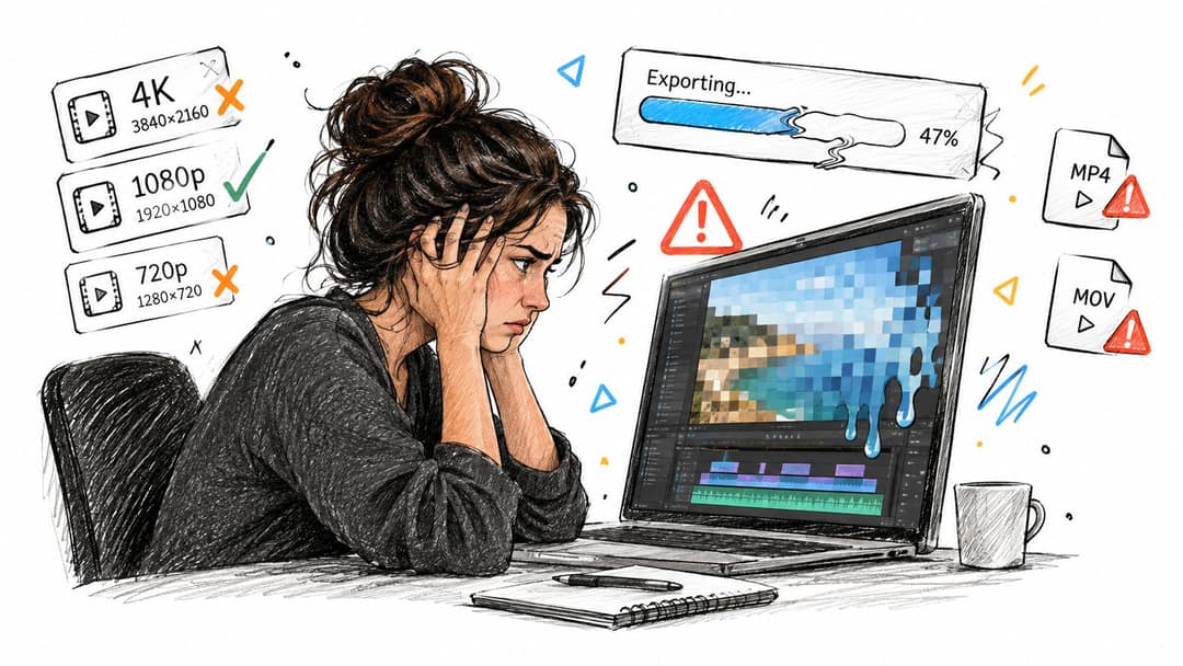 A frustrated video editor staring at a computer screen during a failed video rendering and export process.