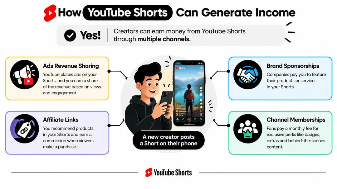 Infographic of four YouTube Shorts income paths: ad revenue sharing, brand sponsorships, affiliate links, channel memberships