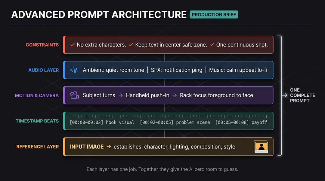 Prompt layers: reference image, timestamp beats, motion and camera, audio, and constraints combined into one prompt