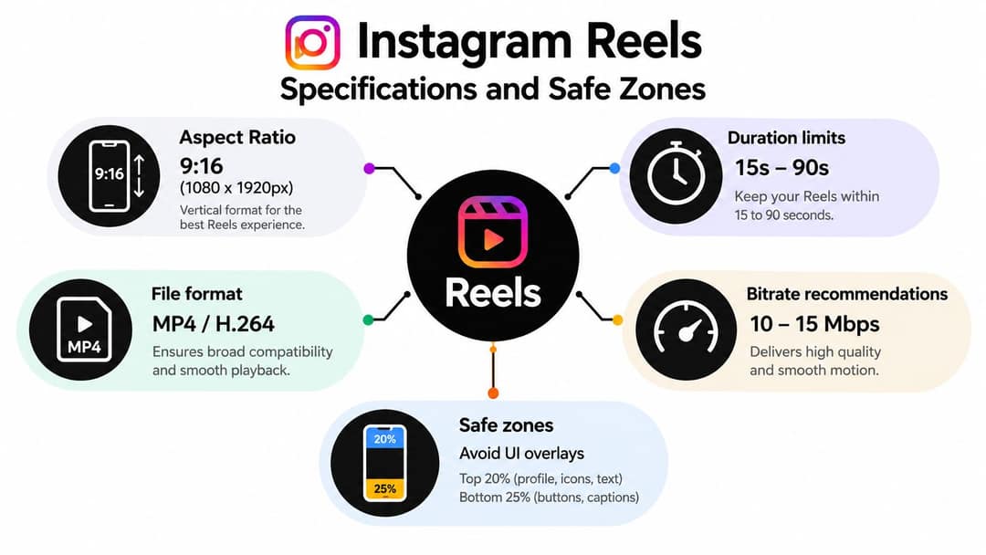 An infographic showing Instagram Reels video specifications including aspect ratio, file format, duration, bitrate, and safe zones.