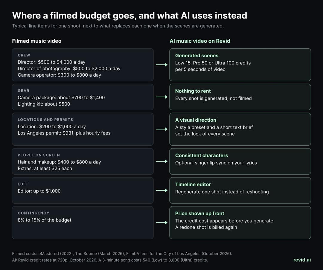 Diagram pairing each filmed music video budget line (crew, gear, locations and permits, people on screen, edit, contingency) with what an AI music video on Revid uses instead