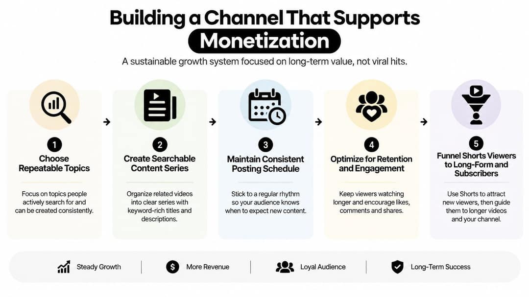 Five-step flow: choose repeatable topics, create series, post consistently, optimize retention, funnel viewers to long-form