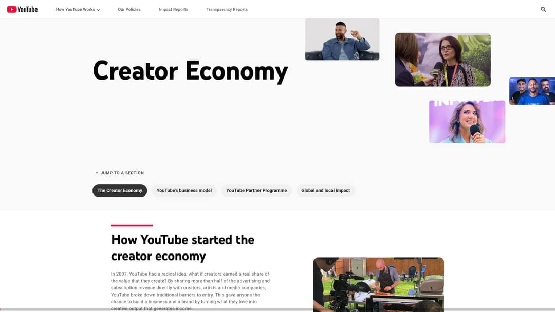 YouTube's How YouTube Works creator economy page explaining how it shares ad and subscription revenue