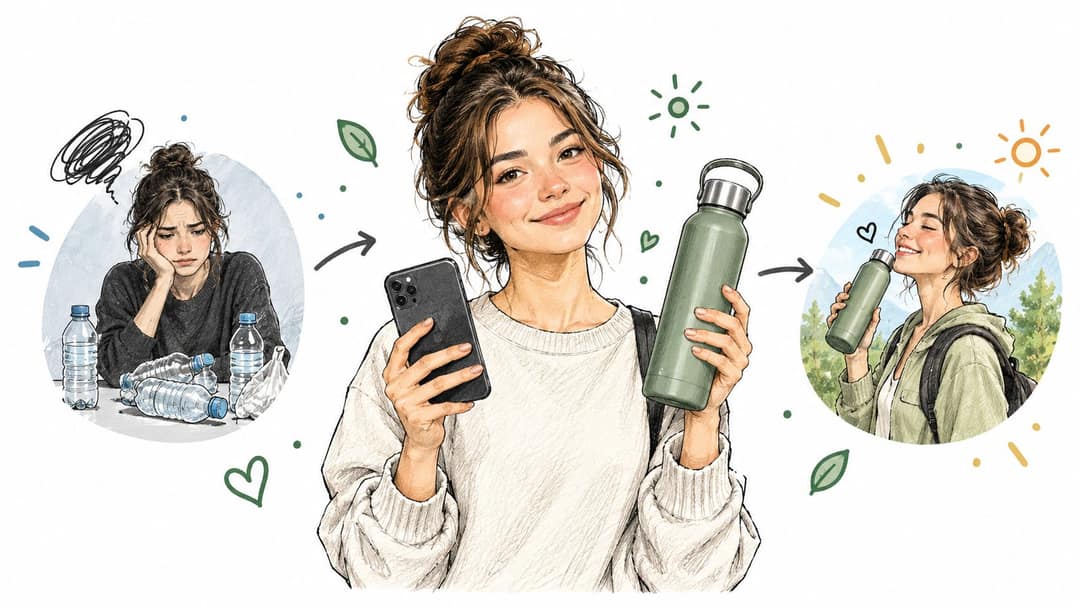 A woman transition from using plastic bottles to a sustainable reusable water bottle for a greener lifestyle.