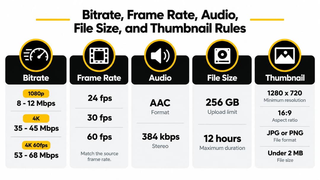 An infographic summarizing recommended video settings for YouTube including bitrate, frame rate, audio, file size, and thumbnails.