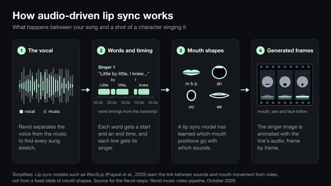 Four-step diagram of audio-driven lip sync: the vocal is separated from the music, transcribed into words with timings, mapped to mouth shapes, then rendered as frames of a singing character