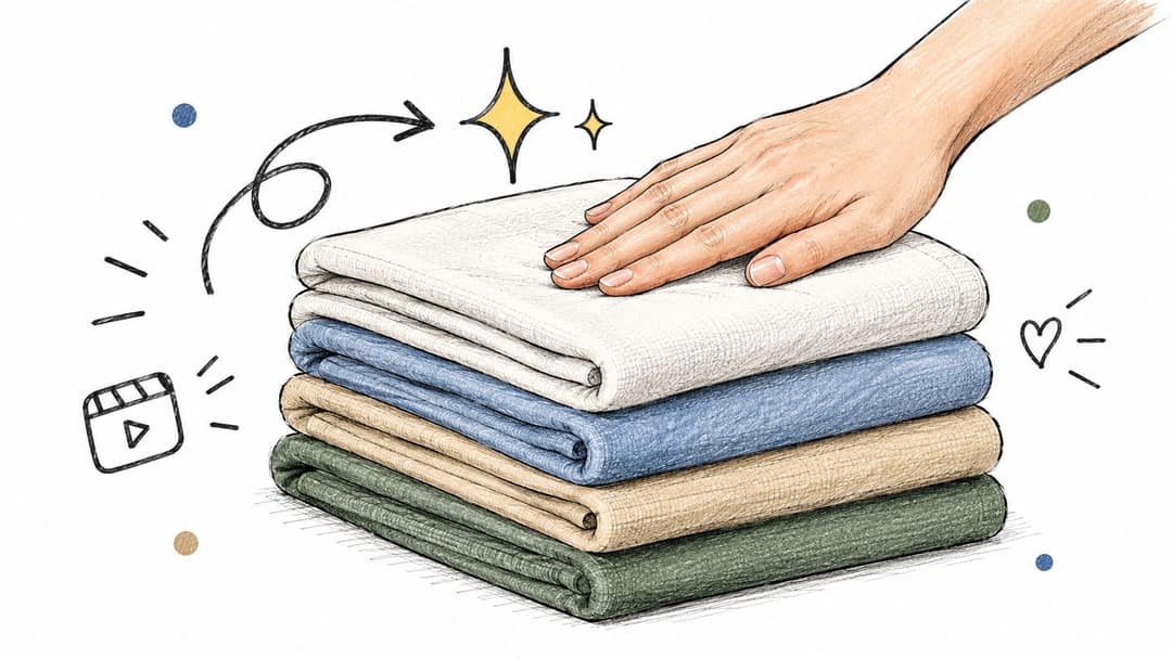 A hand rests on a neatly stacked pile of folded colorful laundry in this artistic illustration.