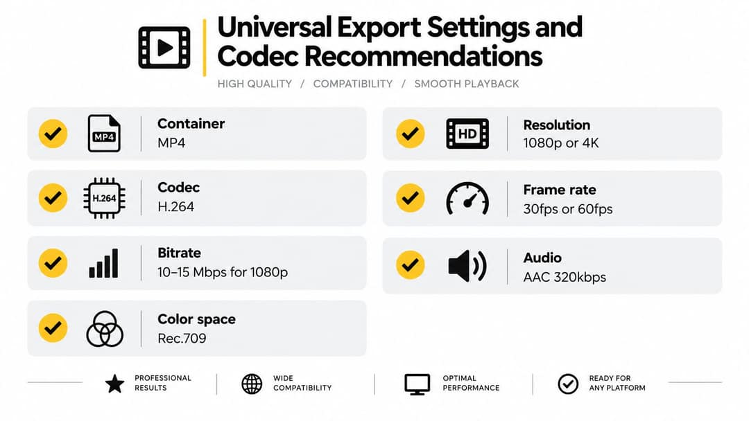 A graphic showing universal video export settings for high-quality, compatible, and smooth playback across various digital platforms.