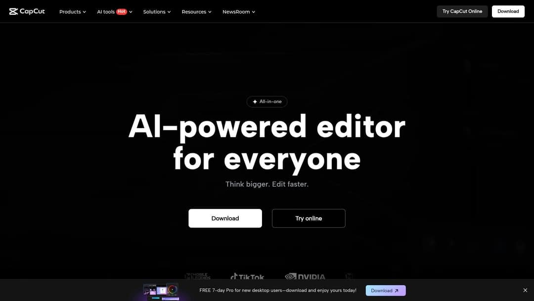 CapCut homepage presenting an AI-powered editor with Download and Try online buttons