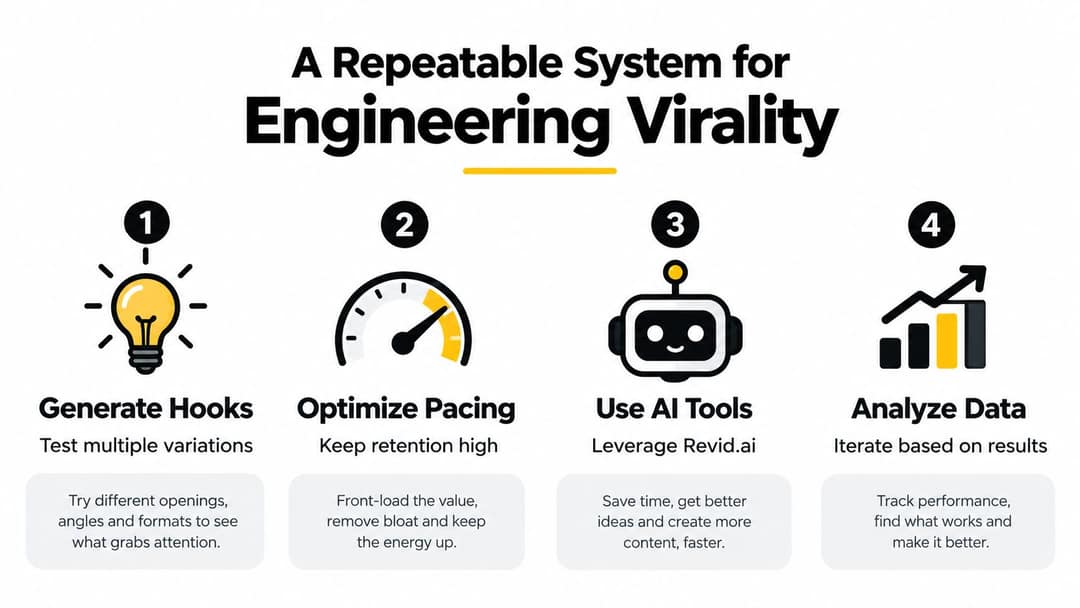 A four-step infographic illustrating a repeatable system for engineering viral content through optimization and data analysis.